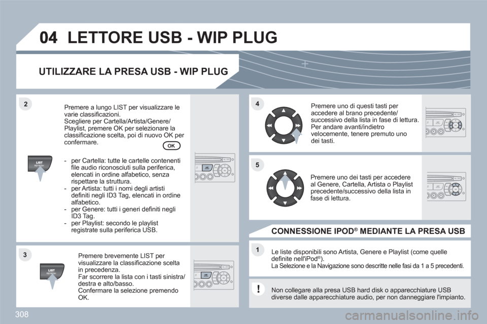 Peugeot 308 SW BL 2010.5  Manuale del proprietario (in Italian) 308
33
44
11
55
22
LETTORE USB - WIP PLUG
UTILIZZARE LA PRESA USB - WIP PLUG
Premere brevemente LIST per visualizzare la classiﬁ cazione sceltain precedenza. Far scorrere la lista con i tasti sinist