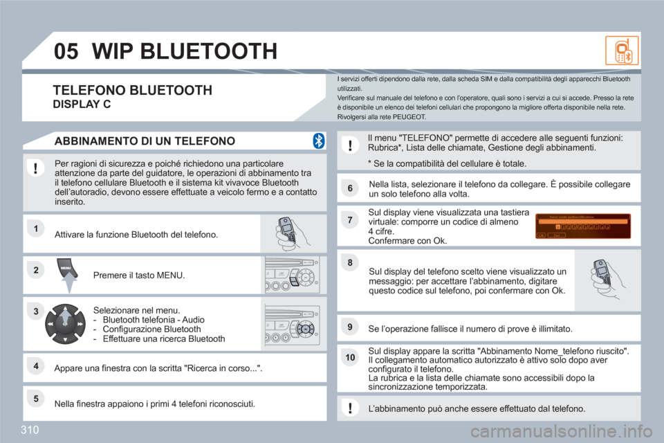 Peugeot 308 SW BL 2010.5  Manuale del proprietario (in Italian) 310
11
66
22
77
44
99
55
101
33
88
Saisir code authentification
01
OK Del23456789 _
05WIP BLUETOOTH 
   
Per ragioni di sicurezza e poiché richiedono una particolare attenzione da parte del guidatore