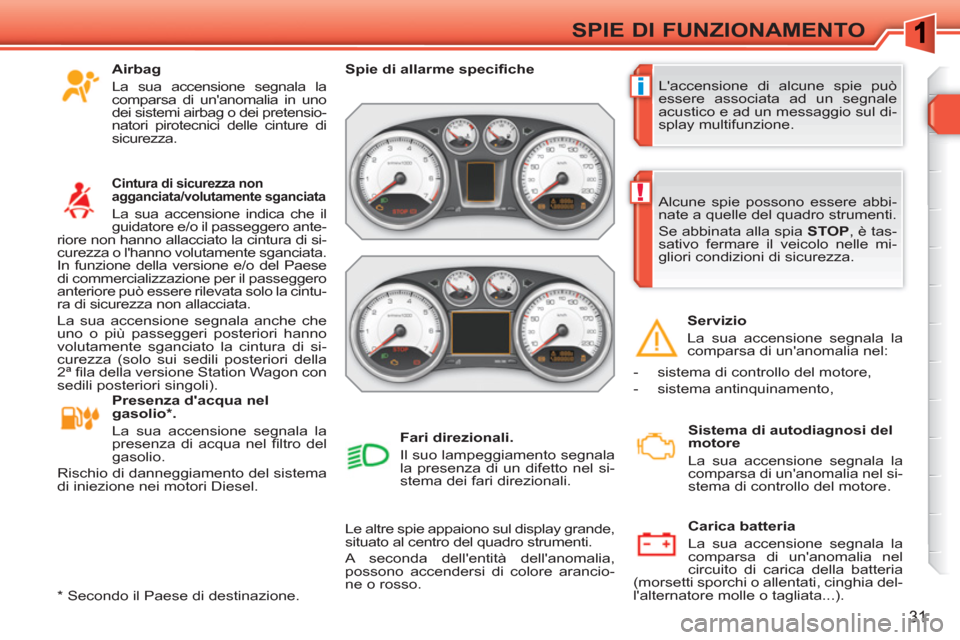 Peugeot 308 SW BL 2010.5  Manuale del proprietario (in Italian) i
!
31
SPIE DI FUNZIONAMENTO
  Laccensione di alcune spie può 
essere associata ad un segnale 
acustico e ad un messaggio sul di-
splay multifunzione.     
 
Spie di allarme speciﬁ che  
 
  Le al