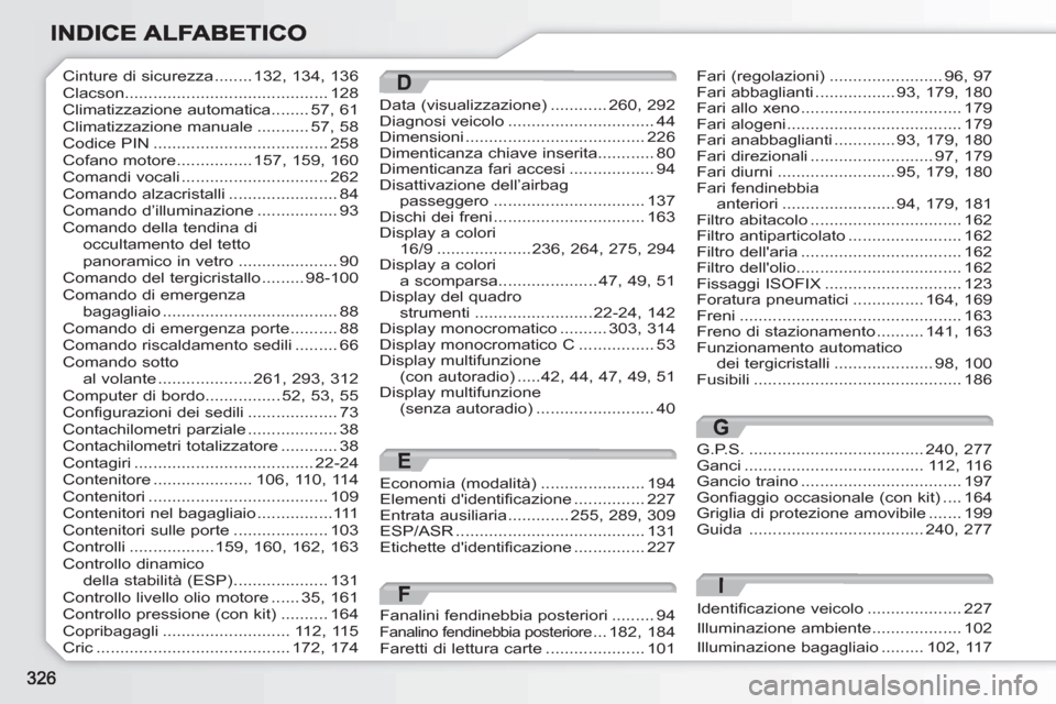 Peugeot 308 SW BL 2010.5  Manuale del proprietario (in Italian) G.P.S. .....................................240,277Ganci......................................112,116Gancio traino..................................197Gonfiaggio occasionale (con kit)....164Griglia di