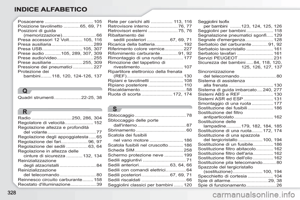 Peugeot 308 SW BL 2010.5  Manuale del proprietario (in Italian) Posacenere....................................105Posizione tavolinetto ............65,69,71Posizioni di guida (memorizzazione).........................66Presa accessori 12 Volt ..........105,116Presa 