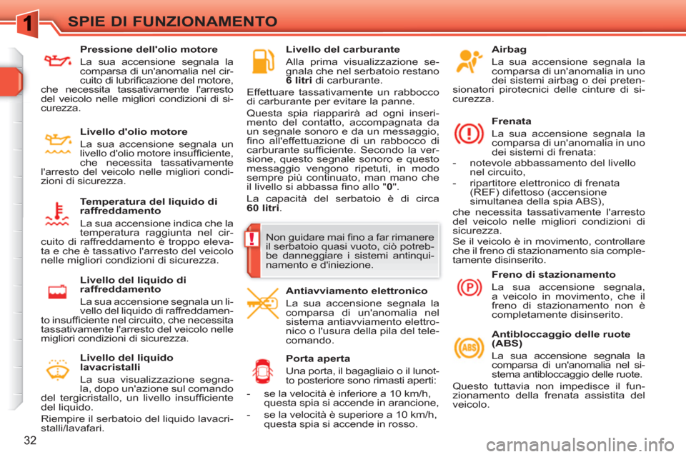 Peugeot 308 SW BL 2010.5  Manuale del proprietario (in Italian) !
32
SPIE DI FUNZIONAMENTO
   
Airbag 
  La sua accensione segnala la 
comparsa di unanomalia in uno 
dei sistemi airbag o dei preten-
sionatori pirotecnici delle cinture di si-
curezza.  
   
Frenat