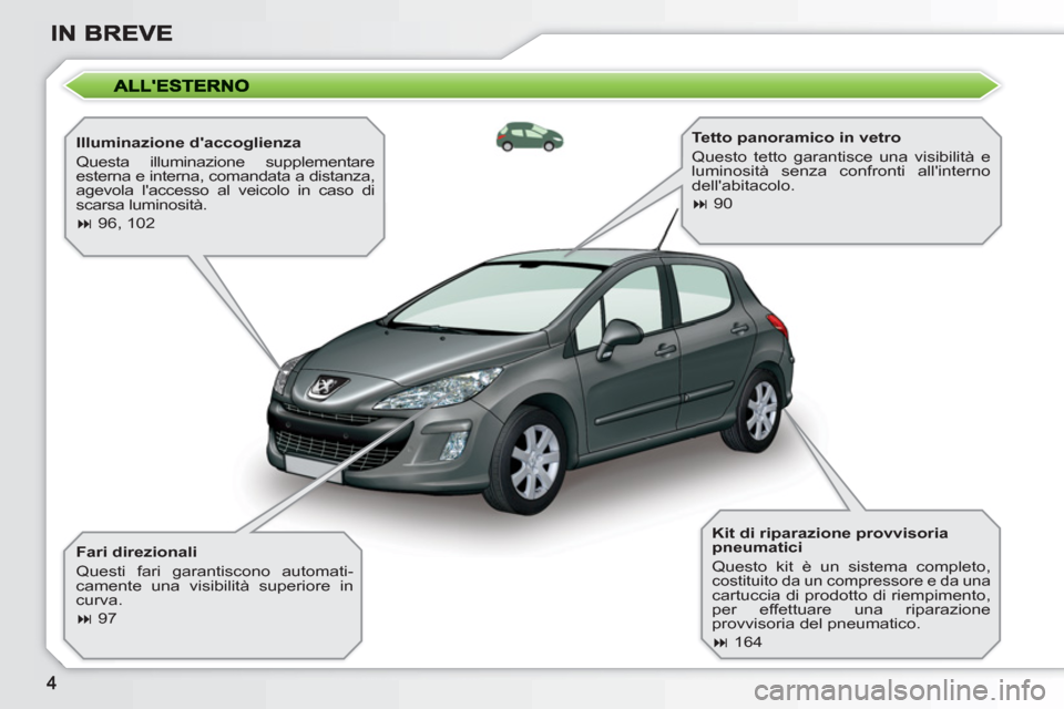 Peugeot 308 SW BL 2010.5  Manuale del proprietario (in Italian)    
Illuminazione daccoglienza 
  Questa illuminazione supplementare 
esterna e interna, comandata a distanza, 
agevola laccesso al veicolo in caso di 
scarsa luminosità. 
   
 
� 
 96, 102  
 
  