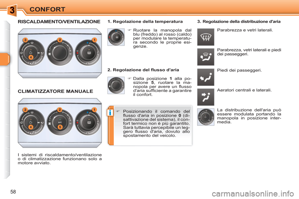 Peugeot 308 SW BL 2010.5  Manuale del proprietario (in Italian) i
58
CONFORT
   
2. Regolazione del ﬂ usso daria 
   
 
�) 
 Dalla posizione  1 
 alla po-
sizione  5 
, ruotare la ma-
nopola per avere un ﬂ usso 
daria sufﬁ ciente a garantire 
il confort.  