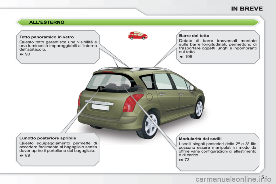 Peugeot 308 SW BL 2010.5  Manuale del proprietario (in Italian)    
Tetto panoramico in vetro 
  Questo tetto garantisce una visibilità e 
una luminosità impareggiabili allinterno 
dellabitacolo. 
   
 
� 
 90  
 
   
Lunotto posteriore apribile 
  Questo equ