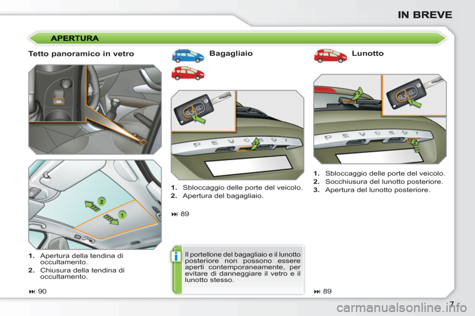 Peugeot 308 SW BL 2010.5  Manuale del proprietario (in Italian) i
   
Tetto panoramico in vetro    
Bagagliaio   
Lunotto 
 
 
 
1. 
  Sbloccaggio delle porte del veicolo. 
   
2. 
  Socchiusura del lunotto posteriore. 
   
3. 
  Apertura del lunotto posteriore.  