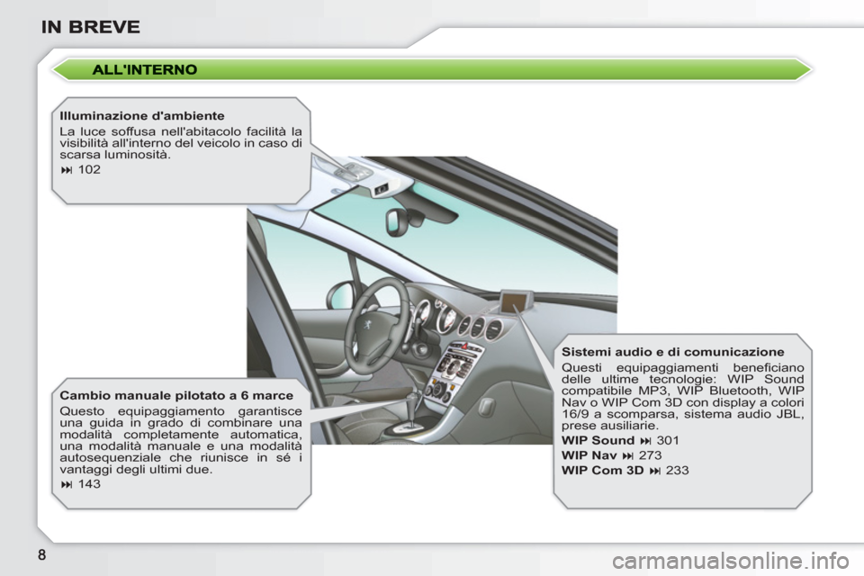 Peugeot 308 SW BL 2010.5  Manuale del proprietario (in Italian)    
Illuminazione dambiente 
  La luce soffusa nellabitacolo facilità la 
visibilità allinterno del veicolo in caso di 
scarsa luminosità. 
   
 
� 
 102  
 
   
Cambio manuale pilotato a 6 mar