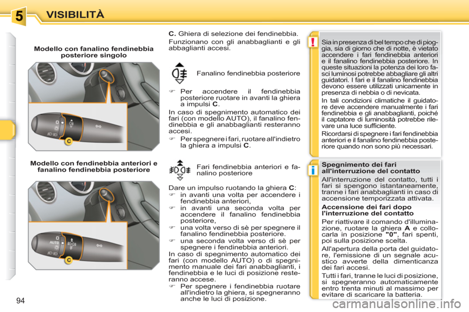 Peugeot 308 SW BL 2010.5  Manuale del proprietario (in Italian) !
i
94
VISIBILITÀ
   
 
Modello con fanalino fendinebbia 
posteriore singolo 
  Fanalino fendinebbia posteriore 
   
 
�) 
 Per accendere il fendinebbia 
posteriore ruotare in avanti la ghiera 
a imp