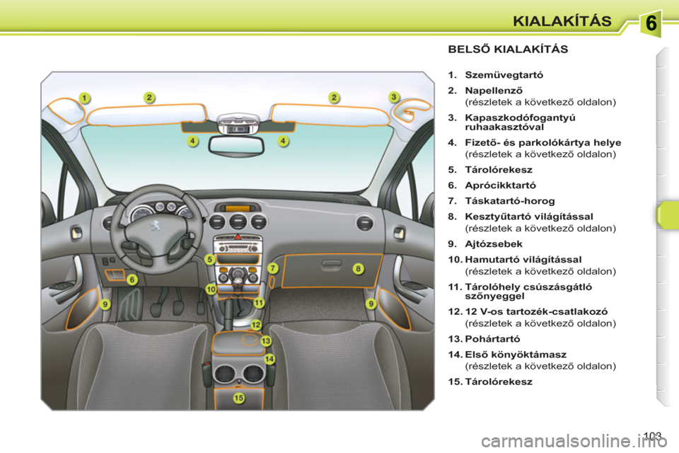 Peugeot 308 SW BL 2010.5  Kezelési útmutató (in Hungarian) 103
KIALAKÍTÁS
BELSŐ KIALAKÍTÁS
 
 
 
1. 
  Szemüvegtartó 
 
   
2. 
  Napellenző 
 
 
  (részletek a következő oldalon) 
   
3. 
  Kapaszkodófogantyú 
ruhaakasztóval 
 
   
4. 
  Fizet