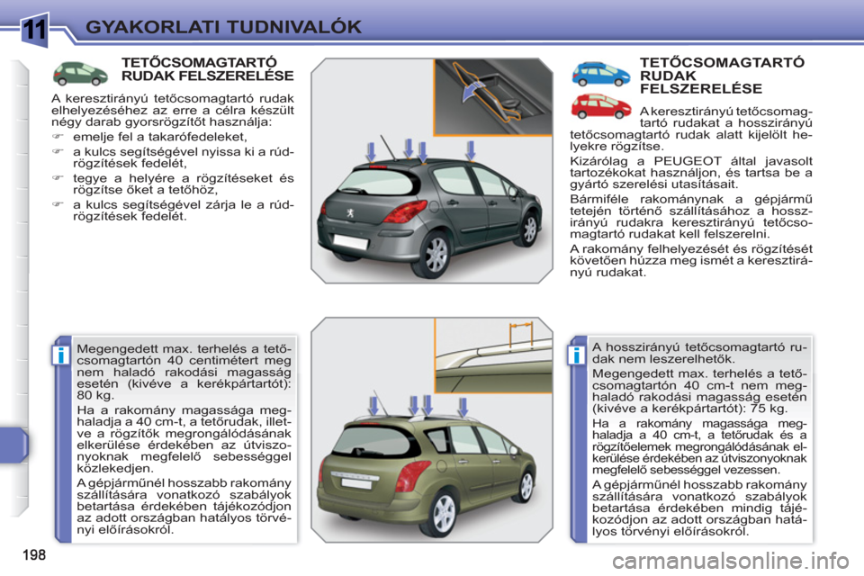 Peugeot 308 SW BL 2010.5  Kezelési útmutató (in Hungarian) 1
ii
GYAKORLATI TUDNIVALÓK
TETŐCSOMAGTARTÓ RUDAK FELSZERELÉSE
 
Megengedett max. terhelés a tető-
csomagtartón 40 centimétert meg 
nem haladó rakodási magasság 
esetén (kivéve a kerékpá
