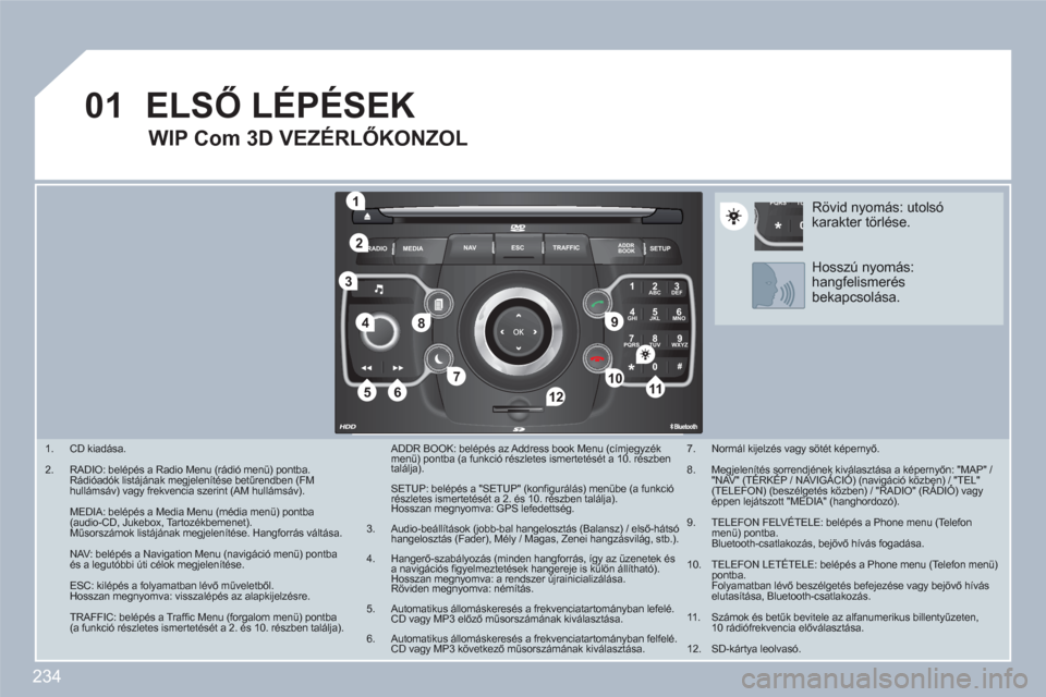 Peugeot 308 SW BL 2010.5 Kezelési útmutató (in Hungarian) 234
01
2ABC3DEF
5JKL4GHI6MNO
8TUV7PQRS9WXYZ
0*#
1
RADIO MEDIANAV ESC TRAFFIC
SETUPADDR
BOOK
1
10
2
3
4
612
9
7
8
115
TU PQRS
0*
1. CD kiadása.
2. RADIO: belépés a Radio Menu (rádió menü) pont Peugeot 308 SW BL 2010.5 Kezelési útmutató (in Hungarian) 234
01
2ABC3DEF
5JKL4GHI6MNO
8TUV7PQRS9WXYZ
0*#
1
RADIO MEDIANAV ESC TRAFFIC
SETUPADDR
BOOK
1
10
2
3
4
612
9
7
8
115
TU PQRS
0*
1. CD kiadása.
2. RADIO: belépés a Radio Menu (rádió menü) pont
