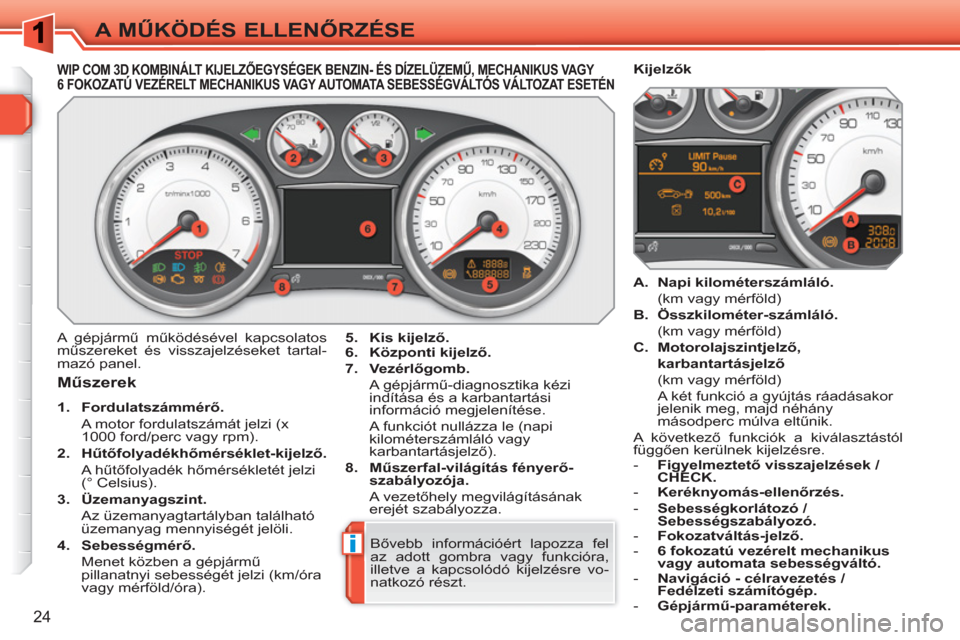 Peugeot 308 SW BL 2010.5 Kezelési útmutató (in Hungarian) i
24
A MŰKÖDÉS ELLENŐRZÉSE
WIP COM 3D KOMBINÁLT KIJELZŐEGYSÉGEK BENZIN- ÉS DÍZELÜZEMŰ, MECHANIKUS VAGY 6 FOKOZATÚ VEZÉRELT MECHANIKUS VAGY AUTOMATA SEBESSÉGVÁ Peugeot 308 SW BL 2010.5 Kezelési útmutató (in Hungarian) i
24
A MŰKÖDÉS ELLENŐRZÉSE
WIP COM 3D KOMBINÁLT KIJELZŐEGYSÉGEK BENZIN- ÉS DÍZELÜZEMŰ, MECHANIKUS VAGY 6 FOKOZATÚ VEZÉRELT MECHANIKUS VAGY AUTOMATA SEBESSÉGVÁ
