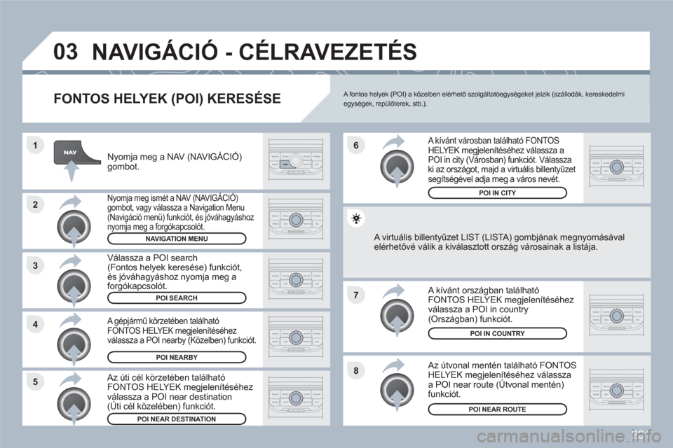 Peugeot 308 SW BL 2010.5 Kezelési útmutató (in Hungarian) 281
8
6
7
4 3
5 2 1
03NAVIGÁCIÓ - CÉLRAVEZETÉS
FONTOS HELYEK (POI) KERESÉSE
Nyomja meg a NAV (NAVIGÁCIÓ)gombot.
ÁÓNyomja meg ismét a NAV (NAVIGÁCIÓ) ÁÓgombot, vagy válassza a Navi Peugeot 308 SW BL 2010.5 Kezelési útmutató (in Hungarian) 281
8
6
7
4 3
5 2 1
03NAVIGÁCIÓ - CÉLRAVEZETÉS
FONTOS HELYEK (POI) KERESÉSE
Nyomja meg a NAV (NAVIGÁCIÓ)gombot.
ÁÓNyomja meg ismét a NAV (NAVIGÁCIÓ) ÁÓgombot, vagy válassza a Navi
