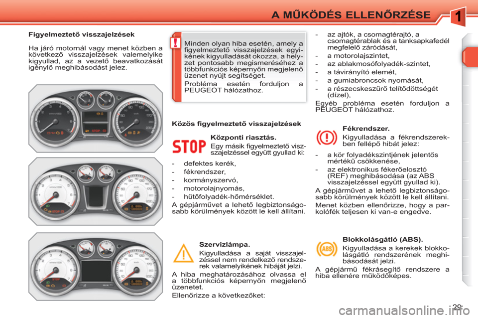 Peugeot 308 SW BL 2010.5 Kezelési útmutató (in Hungarian) !
29
A MŰKÖDÉS ELLENŐRZÉSE
Ha járó motornál vagy menet közben a
következő visszajelzések valemelyike
kigyullad, az a vezető beavatkozását
igénylő meghibásodást jelez.
Köz Peugeot 308 SW BL 2010.5 Kezelési útmutató (in Hungarian) !
29
A MŰKÖDÉS ELLENŐRZÉSE
Ha járó motornál vagy menet közben a
következő visszajelzések valemelyike
kigyullad, az a vezető beavatkozását
igénylő meghibásodást jelez.
Köz