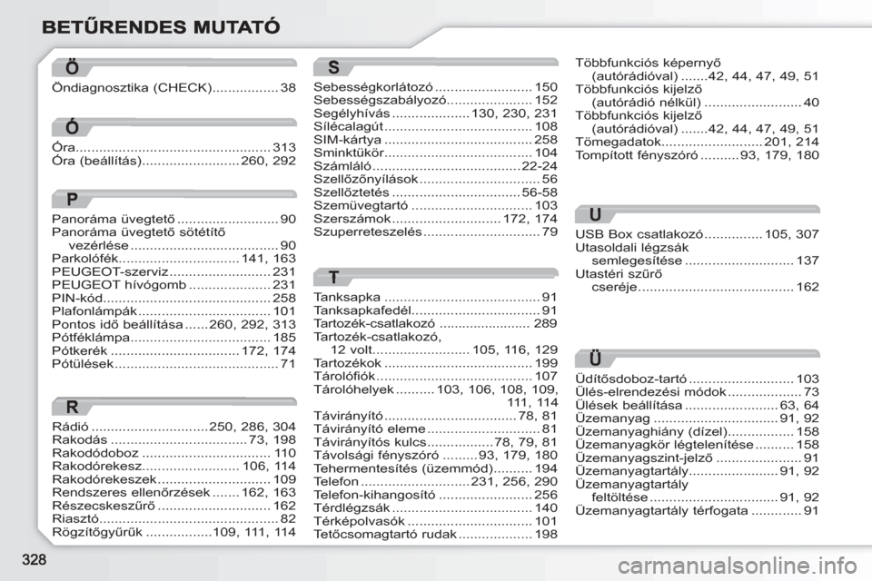 Peugeot 308 SW BL 2010.5  Kezelési útmutató (in Hungarian) T
Tanksapka ........................................91Tanksapkafedél.................................91Tartozék-csatlakozó ........................ 289Tartozék-csatlakozó, 12 volt................
