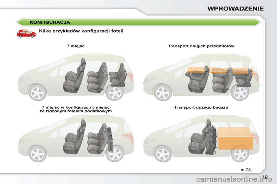 Peugeot 308 SW BL 2010.5  Instrukcja Obsługi (in Polish)    
Kilka przykładów konfiguracji foteli 
 
 
7 miejsc  
   
7 miejsc w konfiguracji 5 miejsc 
ze złożonym fotelem dodatkowym     
Transport długich przedmiotów  
   
Transport dużego bagażu  