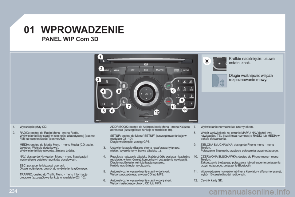 Peugeot 308 SW BL 2010.5  Instrukcja Obsługi (in Polish) 234
01
2ABC3DEF
5JKL4GHI6MNO
8TUV7PQRS9WXYZ
0*#
1
RADIO MEDIANAV ESC TRAFFIC
SETUPADDR
BOOK
1
10
2
3
4
612
9
7
8
115
TU PQRS
0*
1.  Wysunięcie płyty CD. 
2.  RADIO: dostęp do Radio Menu - menu Radi