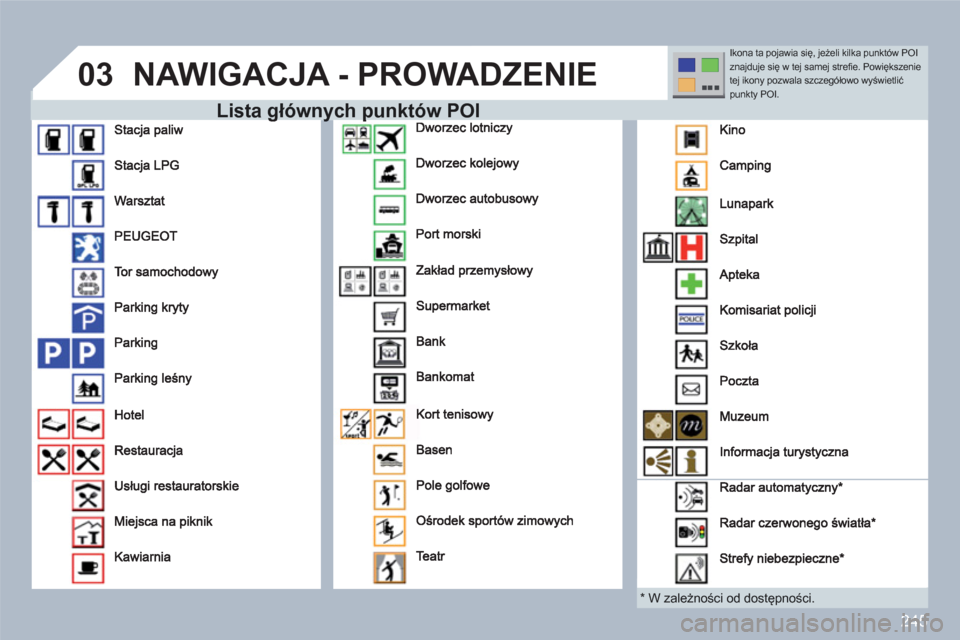 Peugeot 308 SW BL 2010.5  Instrukcja Obsługi (in Polish) 245
03NAWIGACJA - PROWADZENIE 
yLista głównych punktów POI OI
   * 
 
 W zależności od dostępności. 
Ikona ta pojawia się, jeżeli kilka punktów POI znajduje się w tej samej strefie. Powięk
