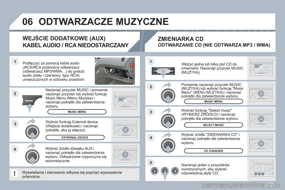 Peugeot 308 SW BL 2010.5 Instrukcja Obsługi (in Polish) 289
3 1
2
06
1
4
2
3
5
4
Podłączyć za pomocą kabla audio JACK/RCA przenośny odtwarzacz (odtwarzacz MP3/WMA…) do gniazdaudio (biały i czerwony, typu RCA) umieszczonych w schowku przednim.
Peugeot 308 SW BL 2010.5 Instrukcja Obsługi (in Polish) 289
3 1
2
06
1
4
2
3
5
4
Podłączyć za pomocą kabla audio JACK/RCA przenośny odtwarzacz (odtwarzacz MP3/WMA…) do gniazdaudio (biały i czerwony, typu RCA) umieszczonych w schowku przednim.