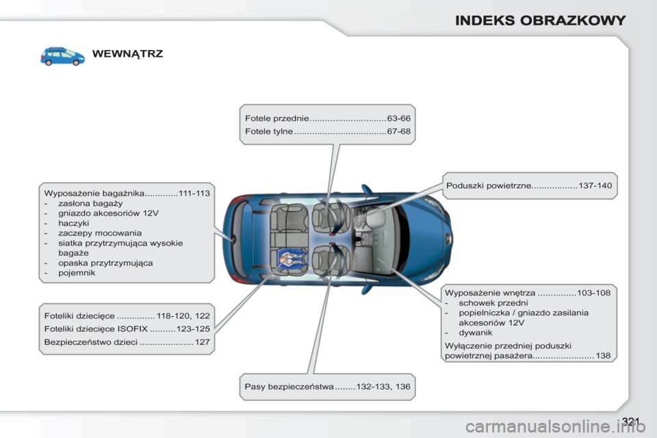 Peugeot 308 SW BL 2010.5  Instrukcja Obsługi (in Polish) WEWNĄTRZ
 
Wyposażenie bagażnika .............111-113 
   
 
-  zasłona bagaży 
   
-   gniazdo akcesoriów 12V 
   
-  haczyki 
   
-  zaczepy mocowania 
   
-  siatka przytrzymująca wysokie 
b