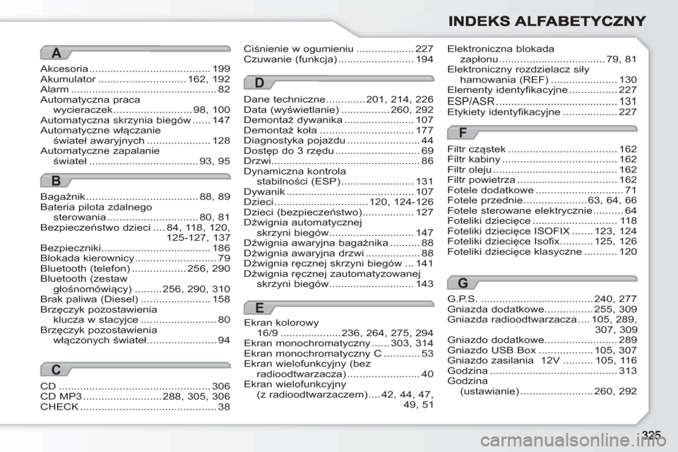 Peugeot 308 SW BL 2010.5  Instrukcja Obsługi (in Polish) Akcesoria ........................................199Akumulator.............................r162,192Alarm ................................................82Automatyczna pracawycieraczek...............