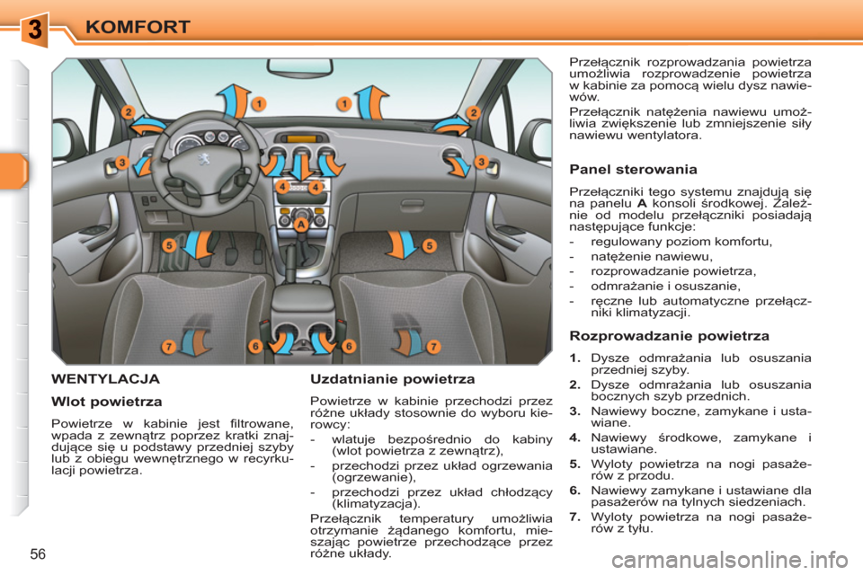 Peugeot 308 SW BL 2010.5  Instrukcja Obsługi (in Polish) 56
KOMFORT
WENTYLACJA   
Uzdatnianie powietrza 
 
Powietrze w kabinie przechodzi przez 
różne układy stosownie do wyboru kie-
rowcy: 
   
 
-  wlatuje bezpośrednio do kabiny 
(wlot powietrza z zew