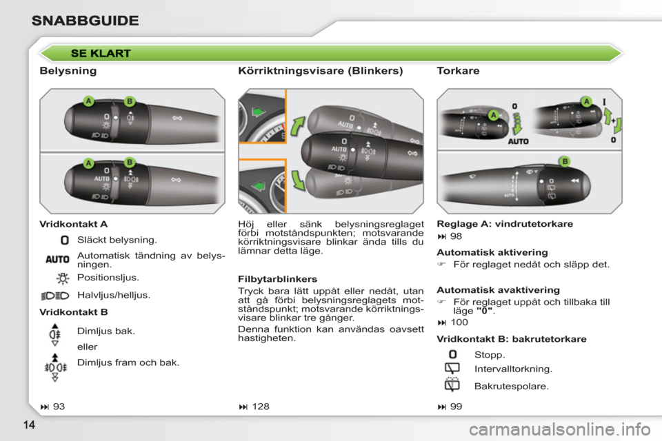 Peugeot 308 SW BL 2010.5  Ägarmanual (in Swedish)    
Belysning 
 
 
Vridkontakt A 
   
Vridkontakt B   Höj eller sänk belysningsreglaget 
förbi motståndspunkten; motsvarande 
körriktningsvisare blinkar ända tills du 
lämnar detta läge. 
   
