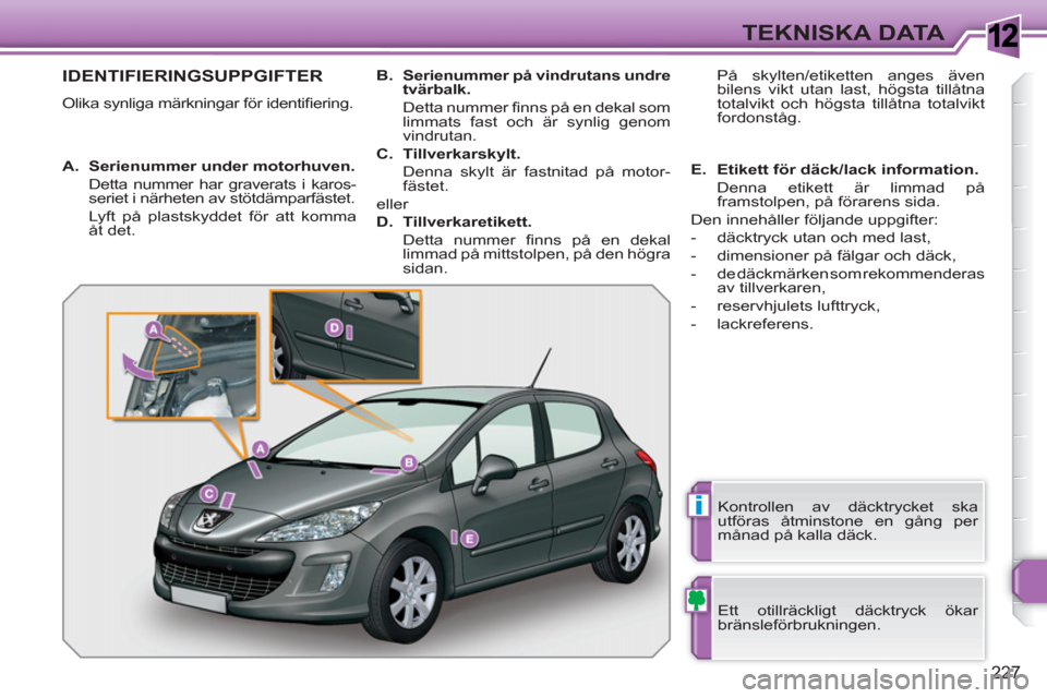 Peugeot 308 SW BL 2010.5 Ägarmanual (in Swedish) 1
i
227
TEKNISKA DATA
IDENTIFIERINGSUPPGIFTER
Olika synliga märkningar för identifi ering.
Ett otillräckligt däcktryck ökar
bränsleförbrukningen.
Kontrollen av däcktrycket ska
u Peugeot 308 SW BL 2010.5 Ägarmanual (in Swedish) 1
i
227
TEKNISKA DATA
IDENTIFIERINGSUPPGIFTER
Olika synliga märkningar för identifi ering.
Ett otillräckligt däcktryck ökar
bränsleförbrukningen.
Kontrollen av däcktrycket ska
u