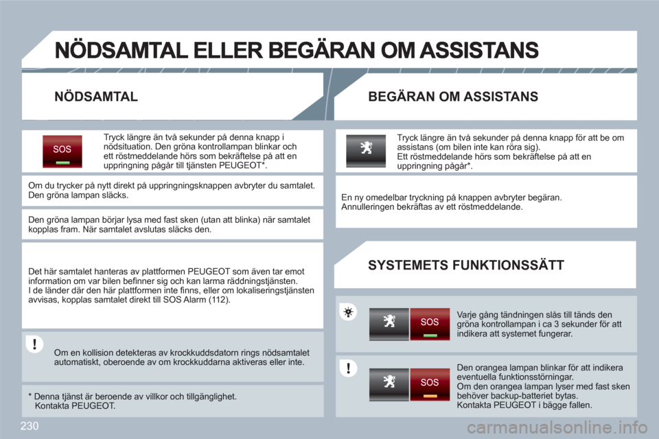 Peugeot 308 SW BL 2010.5  Ägarmanual (in Swedish) 230
   
NÖDSAMTAL BEGÄRAN OM ASSISTANS 
SYSTEMETS FUNKTIONSSÄTT
Tryck längre än två sekunder på denna knapp i nödsituation. Den gröna kontrollampan blinkar och ett röstmeddelande hörs som b