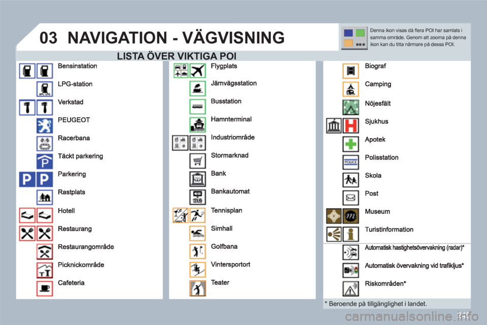 Peugeot 308 SW BL 2010.5  Ägarmanual (in Swedish) 245
03NAVIGATION - VÄGVISNING
   
LISTA ÖVER VIKTIGA POI
 
 
*  
 Beroende på tillgänglighet i landet. 
Denna ikon visas då ﬂ era POI har samlats i samma område. Genom att zooma på dennaikon 