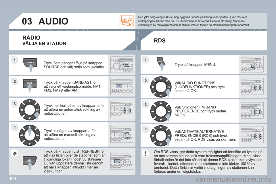 Peugeot 308 SW BL 2010.5  Ägarmanual (in Swedish) 304
2
33
44
1
22
44
33
11
03AUDIO
  Tryck ﬂ era gånger i följd på knappen SOURCE och välj radio som ljudkälla.
 
 
Tryck på knappen BAND AST för att välja ett våglängdsområde: FM1, FM2, F