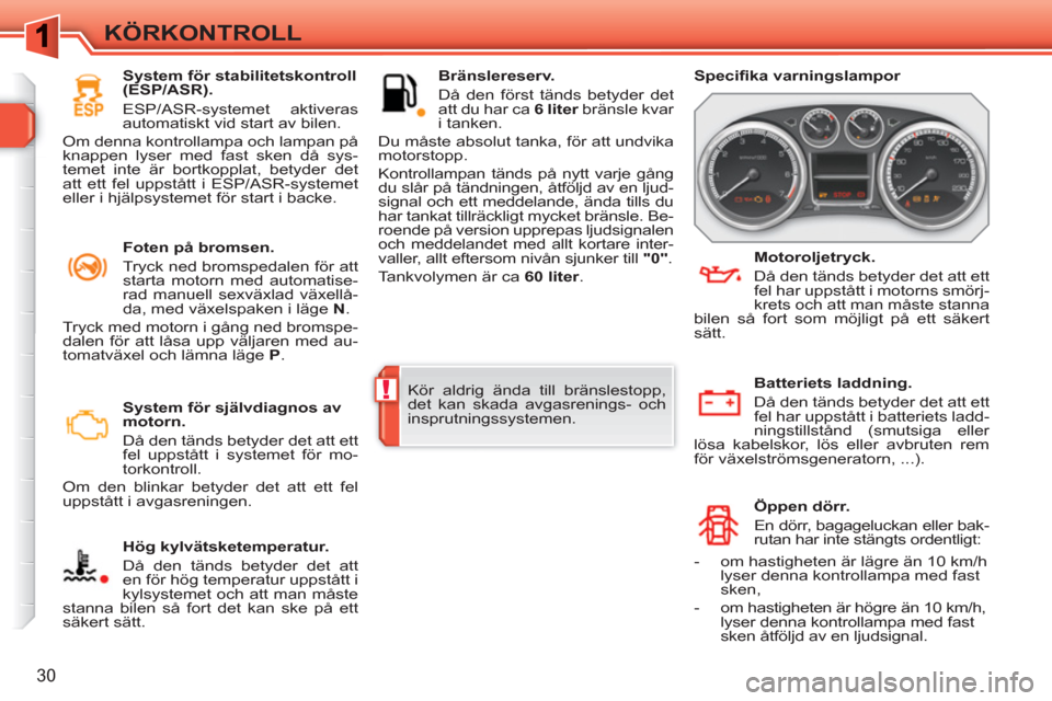 Peugeot 308 SW BL 2010.5  Ägarmanual (in Swedish) !
30
KÖRKONTROLL
   
 
System för självdiagnos av 
motorn. 
   
Då den tänds betyder det att ett 
fel uppstått i systemet för mo-
torkontroll. 
  Om den blinkar betyder det att ett fel 
uppstå