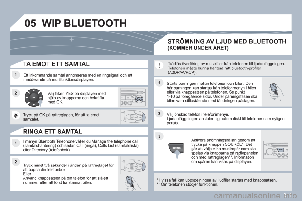 Peugeot 308 SW BL 2010.5 Ägarmanual (in Swedish) 311
05
11
22
11
22
33
22
11
TA EMOT ETT SAMTAL
Ett inkommande samtal annonseras med en ringsignal och ett meddelande på multifunktionsdisplayen. Starta parningen mellan telefonen och bilen. Peugeot 308 SW BL 2010.5 Ägarmanual (in Swedish) 311
05
11
22
11
22
33
22
11
TA EMOT ETT SAMTAL
Ett inkommande samtal annonseras med en ringsignal och ett meddelande på multifunktionsdisplayen. Starta parningen mellan telefonen och bilen.