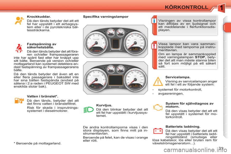 Peugeot 308 SW BL 2010.5  Ägarmanual (in Swedish) i
!
31
KÖRKONTROLL
  Visningen av vissa kontrollampor 
kan åtföljas av en ljudsignal och 
ett meddelande i ﬂ erfunktionsdis-
playen.     
 
Speciﬁ ka varningslampor  
 
  De andra kontrollampor