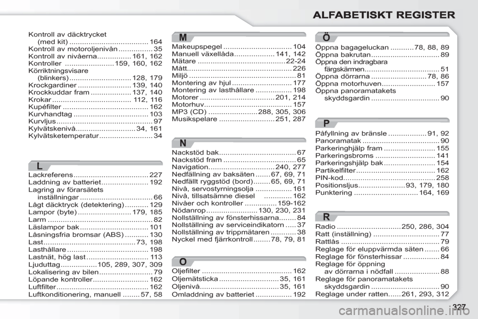 Peugeot 308 SW BL 2010.5  Ägarmanual (in Swedish) Öppna bagageluckan...........78,88,89Öppna bakrutan................................89Öppna den indragbara färgskärmen...................................51Öppna dörrarna.........................