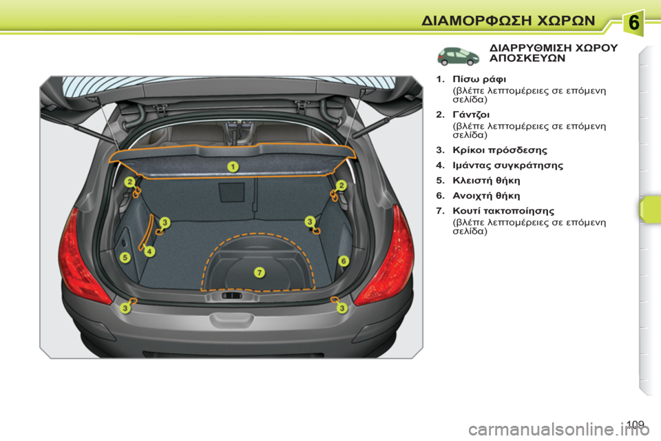 Peugeot 308 SW BL 2010.5  Εγχειρίδιο χρήσης (in Greek) 109
ΔΙΑΜΟΡΦΩΣΗ ΧΩΡΩΝ
ΔΙΑΡΡΥΘΜΙΣΗ ΧΩΡΟΥ ΑΠΟΣΚΕΥΩΝ
 
 
 
 
1. 
  Πίσω ράφι 
 
 
 (βλέπε λεπτομέρειες σε επόμενη 
σελίδα) 
