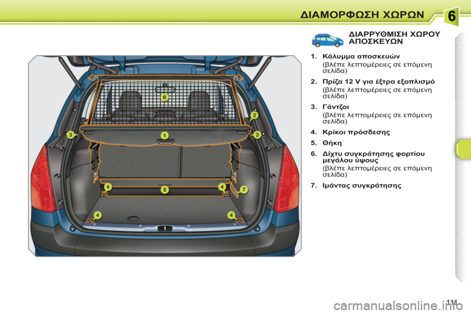 Peugeot 308 SW BL 2010.5  Εγχειρίδιο χρήσης (in Greek) 111
ΔΙΑΜΟΡΦΩΣΗ ΧΩΡΩΝ
ΔΙΑΡΡΥΘΜΙΣΗ ΧΩΡΟΥ ΑΠΟΣΚΕΥΩΝ
 
 
 
1. 
  Κάλυμμα αποσκευών 
 
 
 (βλέπε λεπτομέρειες σε επόμενη 

