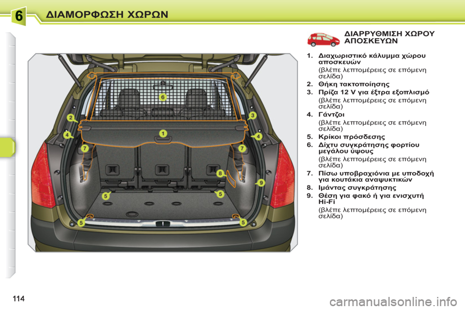 Peugeot 308 SW BL 2010.5  Εγχειρίδιο χρήσης (in Greek) ΔΙΑΜΟΡΦΩΣΗ ΧΩΡΩΝ
ΔΙΑΡΡΥΘΜΙΣΗ ΧΩΡΟΥ ΑΠΟΣΚΕΥΩΝ
 
 
 
1. 
  Διαχωριστικό κάλυμμα χώρου 
αποσκευών 
 
 
 (βλέπε λεπτομέ