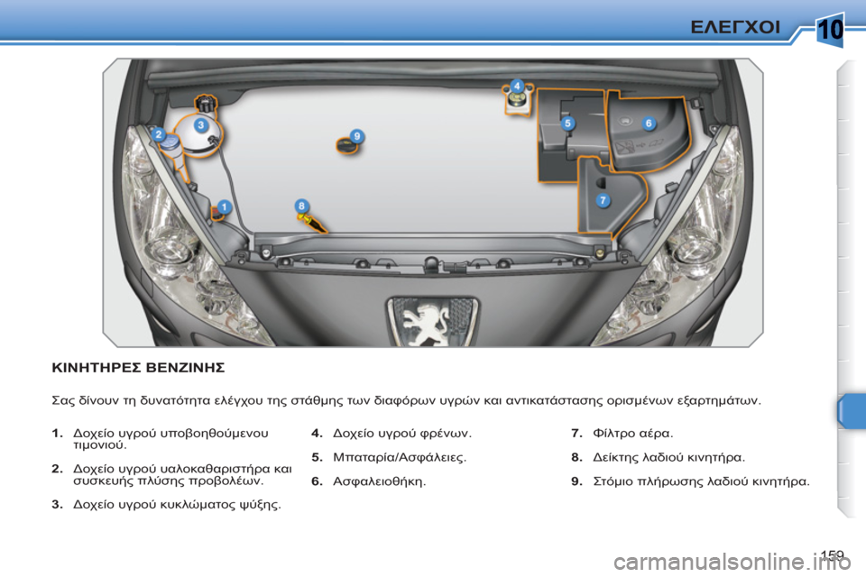 Peugeot 308 SW BL 2010.5 Εγχειρίδιο χρήσης (in Greek) 10
159
ΕΛΕΓΧΟΙ
ΚΙΝΗΤΗΡΕΣ ΒΕΝΖΙΝΗΣ
Σας δίνουν τη δυνατότητα ελέγχου της στάθμης των διαφόρων υγρών και αντικατ Peugeot 308 SW BL 2010.5 Εγχειρίδιο χρήσης (in Greek) 10
159
ΕΛΕΓΧΟΙ
ΚΙΝΗΤΗΡΕΣ ΒΕΝΖΙΝΗΣ
Σας δίνουν τη δυνατότητα ελέγχου της στάθμης των διαφόρων υγρών και αντικατ