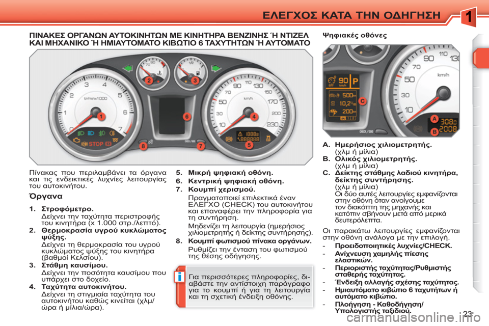 Peugeot 308 SW BL 2010.5 Εγχειρίδιο χρήσης (in Greek) i
23
ΕΛΕΓΧΟΣ ΚΑΤΑ ΤΗΝ ΟΔΗΓΗΣΗ
ΠΙΝΑΚΕΣ ΟΡΓΑΝΩΝ ΑΥΤΟΚΙΝΗΤΩΝ ΜΕ ΚΙΝΗΤΗΡΑ ΒΕΝΖΙΝΗΣ Ή ΝΤΙΖΕΛ ΚΑΙ ΜΗΧΑ Peugeot 308 SW BL 2010.5 Εγχειρίδιο χρήσης (in Greek) i
23
ΕΛΕΓΧΟΣ ΚΑΤΑ ΤΗΝ ΟΔΗΓΗΣΗ
ΠΙΝΑΚΕΣ ΟΡΓΑΝΩΝ ΑΥΤΟΚΙΝΗΤΩΝ ΜΕ ΚΙΝΗΤΗΡΑ ΒΕΝΖΙΝΗΣ Ή ΝΤΙΖΕΛ ΚΑΙ ΜΗΧΑ