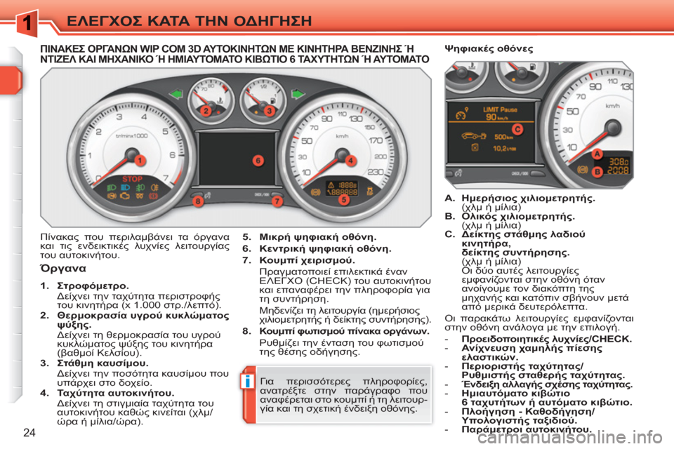 Peugeot 308 SW BL 2010.5 Εγχειρίδιο χρήσης (in Greek) i
24
ΕΛΕΓΧΟΣ ΚΑΤΑ ΤΗΝ ΟΔΗΓΗΣΗ
ΠΙΝΑΚΕΣ ΟΡΓΑΝΩΝ WIP COM 3D ΑΥΤΟΚΙΝΗΤΩΝ ΜΕ ΚΙΝΗΤΗΡΑ ΒΕΝΖΙΝΗΣ ΉΝΤΙΖΕΛ ΚΑ Peugeot 308 SW BL 2010.5 Εγχειρίδιο χρήσης (in Greek) i
24
ΕΛΕΓΧΟΣ ΚΑΤΑ ΤΗΝ ΟΔΗΓΗΣΗ
ΠΙΝΑΚΕΣ ΟΡΓΑΝΩΝ WIP COM 3D ΑΥΤΟΚΙΝΗΤΩΝ ΜΕ ΚΙΝΗΤΗΡΑ ΒΕΝΖΙΝΗΣ ΉΝΤΙΖΕΛ ΚΑ