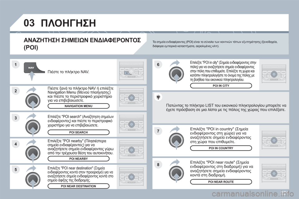 Peugeot 308 SW BL 2010.5  Εγχειρίδιο χρήσης (in Greek) 281
8
6
7
4 3
5 2 1
03ΠΛΟΗΓΗΣΗ
   
ΑΝΑΖΗΤΗΣΗ ΣΗΜΕΙΩΝ ΕΝΔΙΑΦΕΡΟΝΤΟΣ 
(POI)
Πιέστε το πλήκτρο NAV. 
Πιέστε ξανά το πλήκτρο NAV ή 