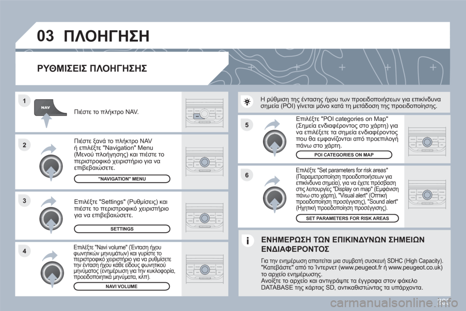 Peugeot 308 SW BL 2010.5  Εγχειρίδιο χρήσης (in Greek) 283
5
6
3 2 1
4
03
   
ΡΥΘΜΙΣΕΙΣ ΠΛΟΗΓΗΣΗΣ 
 
 
Επιλέξτε "Set parameters for risk areas" (Παραμετροποίηση προειδοποιήσεων για επικίνδ
