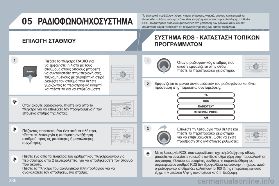 Peugeot 308 SW BL 2010.5  Εγχειρίδιο χρήσης (in Greek) 286
3 2 1 1
05
ΕΠΙΛΟΓΗ ΣΤΑΘΜΟΥ 
 
 Όταν ο ραδιοφωνικός σταθμός πουακούτε εμφανίζεται στην οθόνη, πιέστε το περιστροφ
