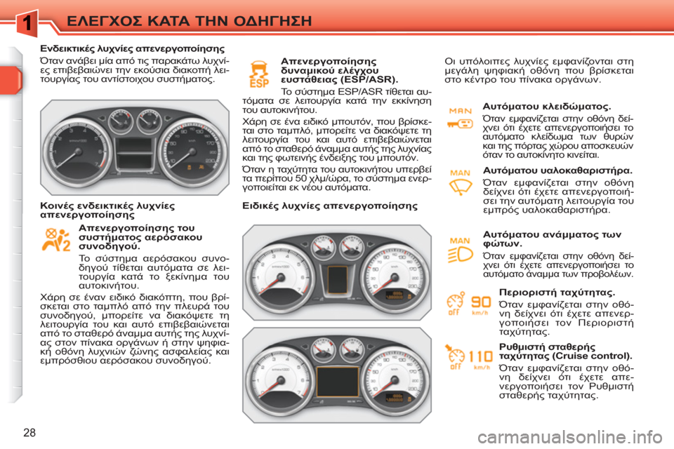 Peugeot 308 SW BL 2010.5 Εγχειρίδιο χρήσης (in Greek) 28
ΕΛΕΓΧΟΣ ΚΑΤΑ ΤΗΝ ΟΔΗΓΗΣΗ
Ενδεικτικές λυχνίες απενεργοποίησης
Όταν ανάβει μία από τις παρακάτω λυχνί-
Peugeot 308 SW BL 2010.5 Εγχειρίδιο χρήσης (in Greek) 28
ΕΛΕΓΧΟΣ ΚΑΤΑ ΤΗΝ ΟΔΗΓΗΣΗ
Ενδεικτικές λυχνίες απενεργοποίησης
Όταν ανάβει μία από τις παρακάτω λυχνί-