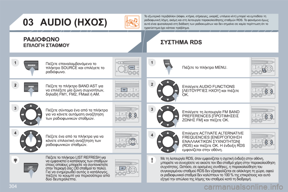 Peugeot 308 SW BL 2010.5  Εγχειρίδιο χρήσης (in Greek) 304
2
33
44
1
22
44
33
11
03AUDIO (ΗΧΟΣ) 
  Πιέζετε επαναλαμβανόμενα τοπλήκτρο SOURCE και επιλέγετε το ραδιόφωνο.  
 
 
Πιέζετε το 