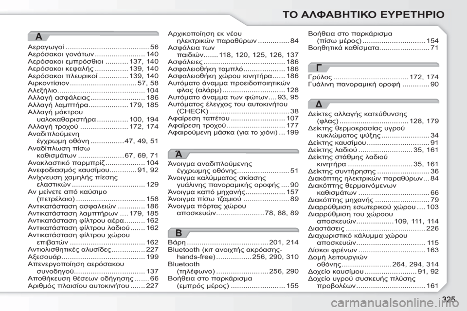 Peugeot 308 SW BL 2010.5  Εγχειρίδιο χρήσης (in Greek) ΤΟ ΑΛΦΑΒΗΤΙΚΟ ΕΥΡΕΤΗΡΙΟ
A
Αεραγωγοί........................................56ù0!)1.  γονάτων ........................140Αερόσακοι εμπρόσ