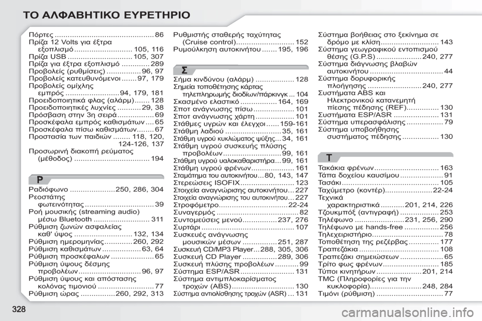 Peugeot 308 SW BL 2010.5  Εγχειρίδιο χρήσης (in Greek) ΤΟ ΑΛΦΑΒΗΤΙΚΟ ΕΥΡΕΤΗΡΙΟ
Πόρτες ..............................................86Πρίζα 12 Volts για έξτρα εξοπλισμό...........................105,116Πρ
