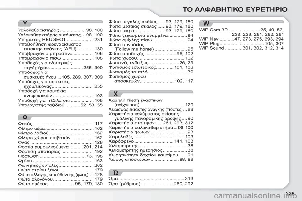 Peugeot 308 SW BL 2010.5  Εγχειρίδιο χρήσης (in Greek) ΤΟ ΑΛΦΑΒΗΤΙΚΟ ΕΥΡΕΤΗΡΙΟ
Υ
Φακός .............................................117Φίλτρο αέρα ....................................162Φίλτρο λαδιού.......