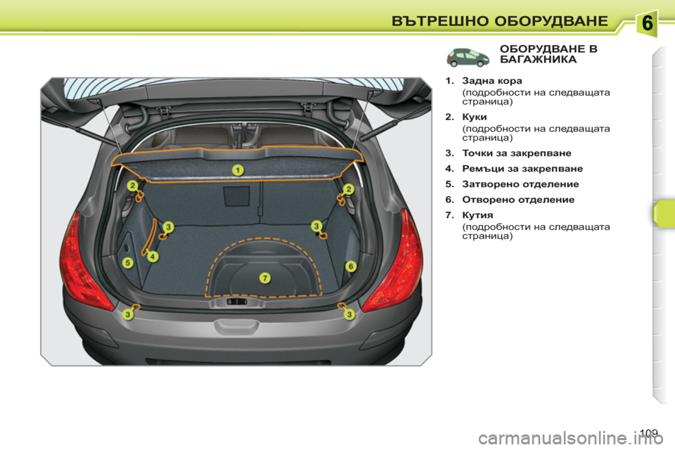 Peugeot 308 SW BL 2010.5  Ръководство за експлоатация (in Bulgarian) 109
ВЪТРЕШНО ОБОРУДВАНЕ
ОБОРУДВАНЕ В БАГАЖНИКА
 
 
 
 
1. 
  Задна кора 
 
 
 (подробности на следващата 
страница) 
   
2